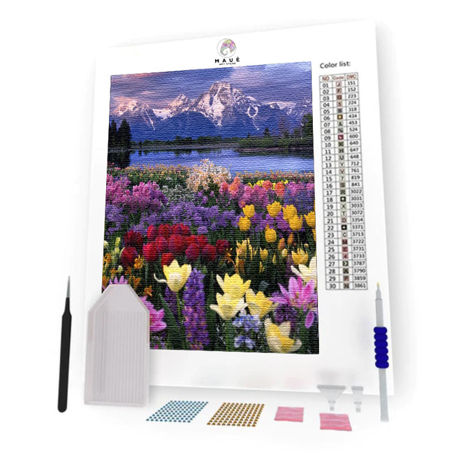 Kit Pintura com Diamantes - Campo Florido na Montanha